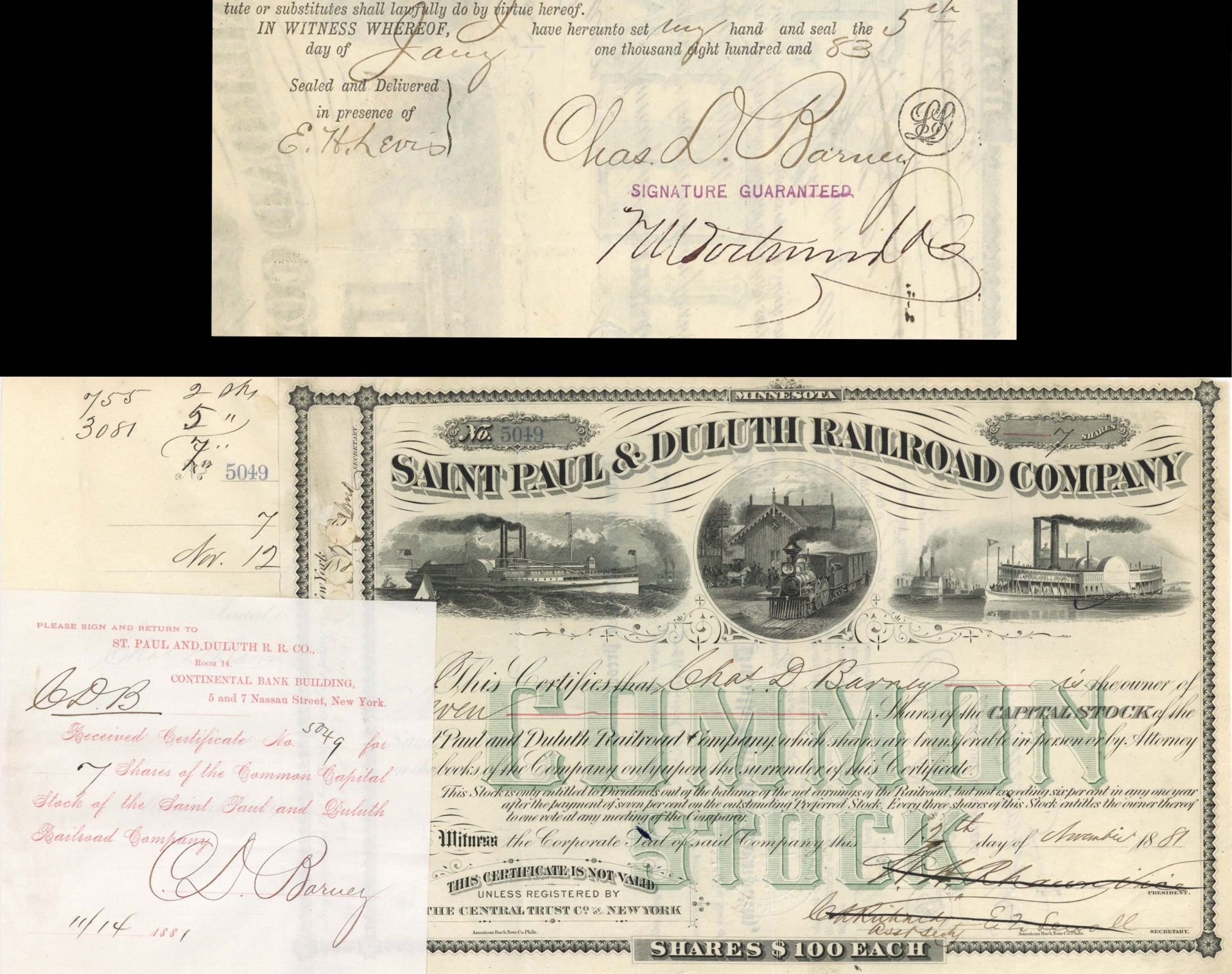 Saint Paul and Duluth Railroad Co. Issued to and Signed by Charles D. Barney