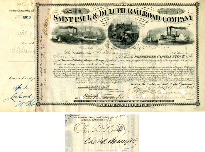 Saint Paul and Duluth Railroad Co. Issued to and Signed by Charles D. Barney