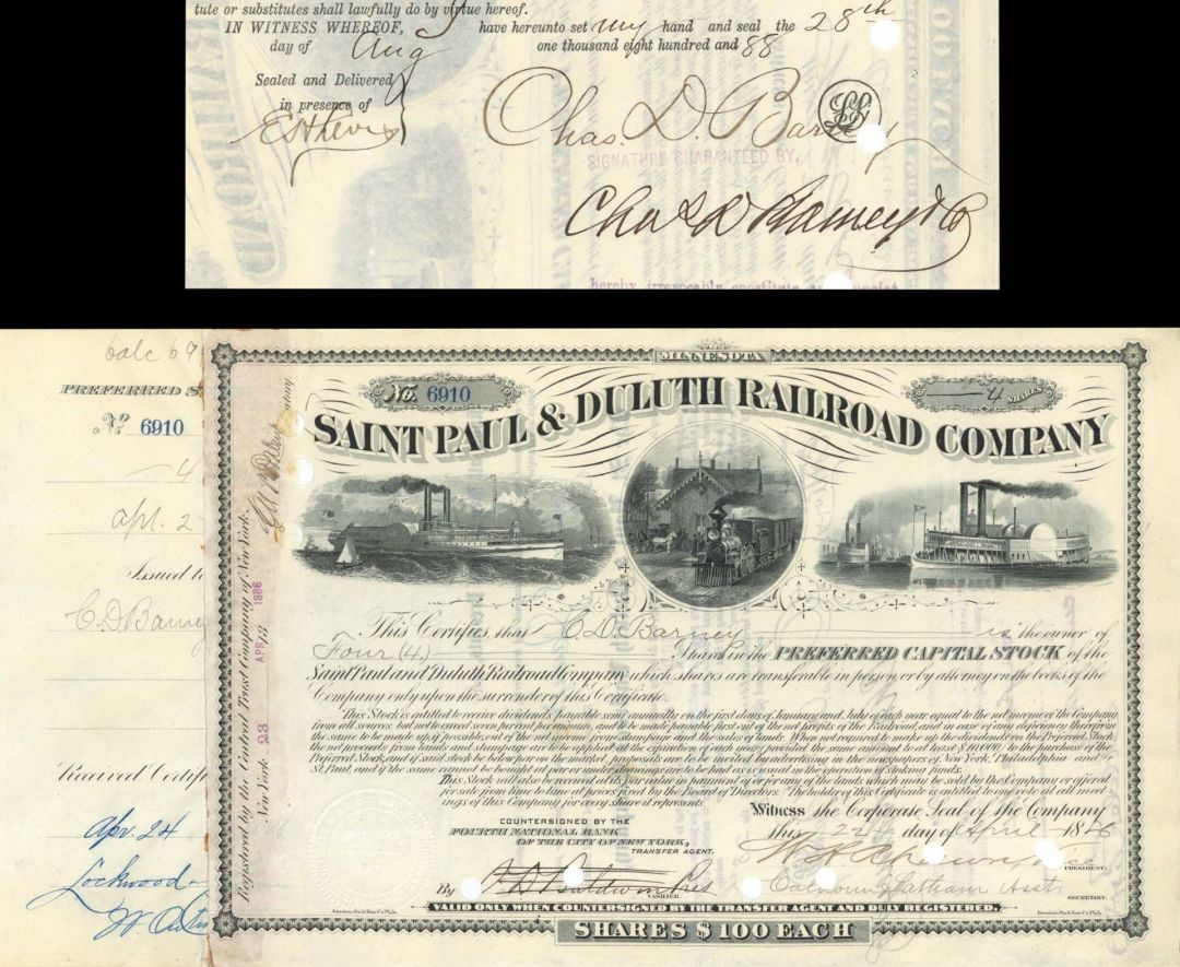 Saint Paul and Duluth Railroad Co. Issued to and Signed by Charles D. Barney - 1886 dated Autographed Stock Certificate