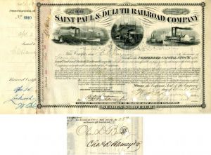 Saint Paul and Duluth Railroad Co. Issued to and Signed by Charles D. Barney