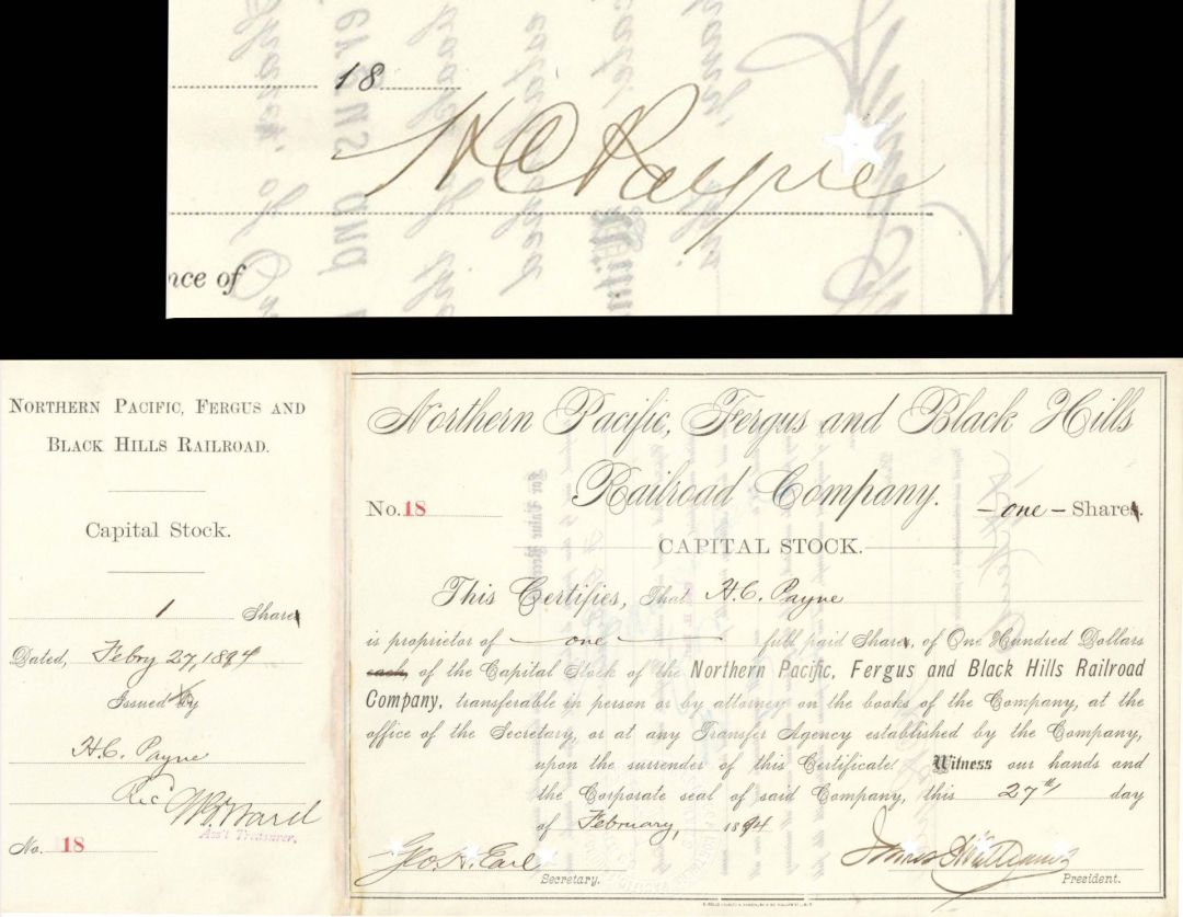 Northern Pacific, Fergus and Black Hills Railroad Co. signed by Henry C. Payne - 1894 dated Autographed Stock Certificate