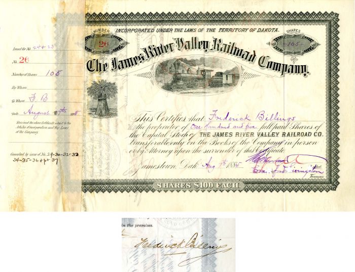 James River Valley Railroad Co. signed by Billings, Merriam, and Livingston - Stock Certificate