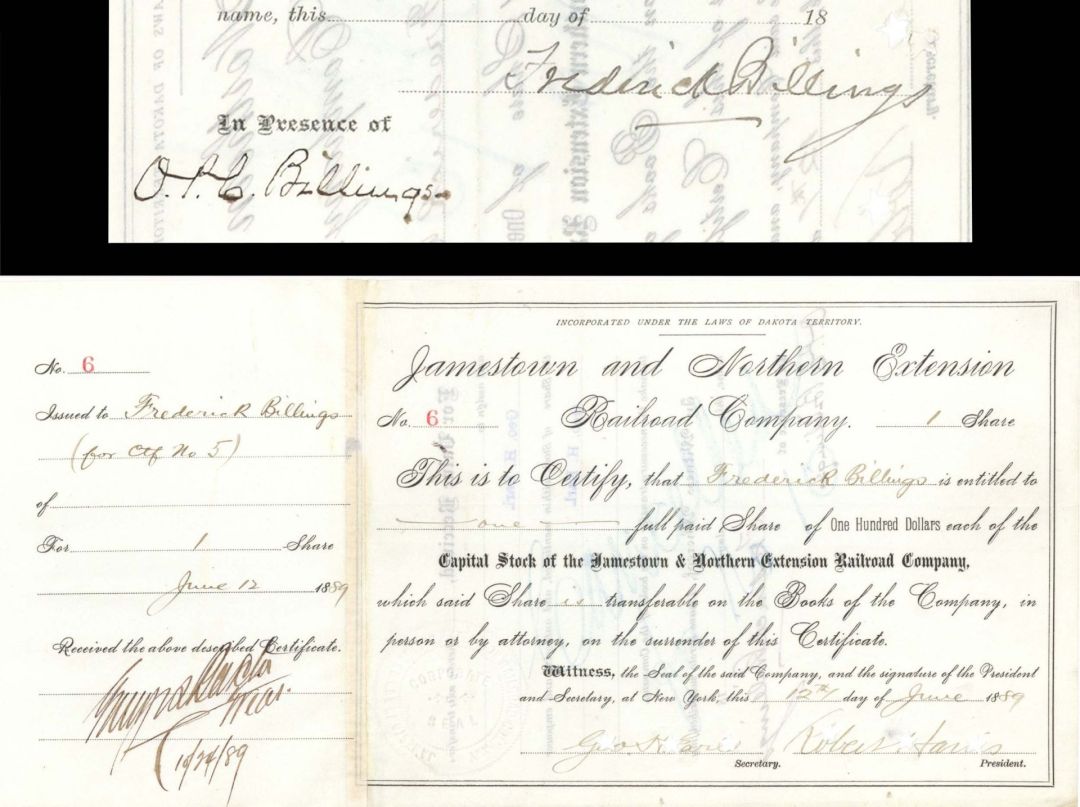 Jamestown and Northern Extension Railroad Co. Issued to and Signed by Frederick Billings - 1889 dated Autographed Stock Certificate