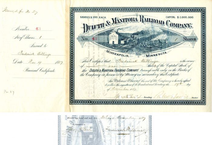 Duluth and Manitoba Railroad Co. Issued to and Signed by Frederick Billings - Stock Certificate