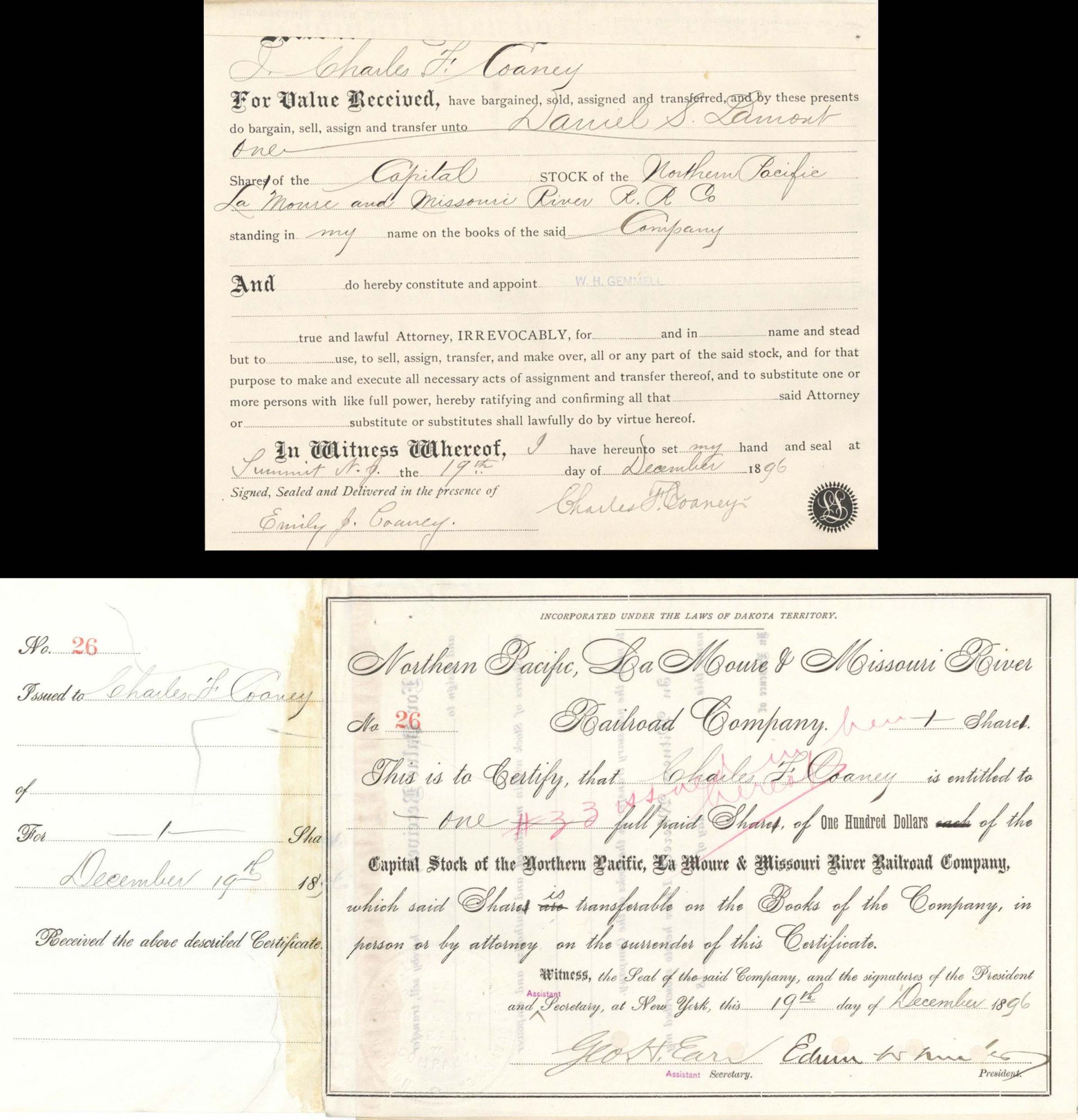 Northern Pacific, La Moure and Missouri River Railroad Co. signed by Winter, Coaney and Earl