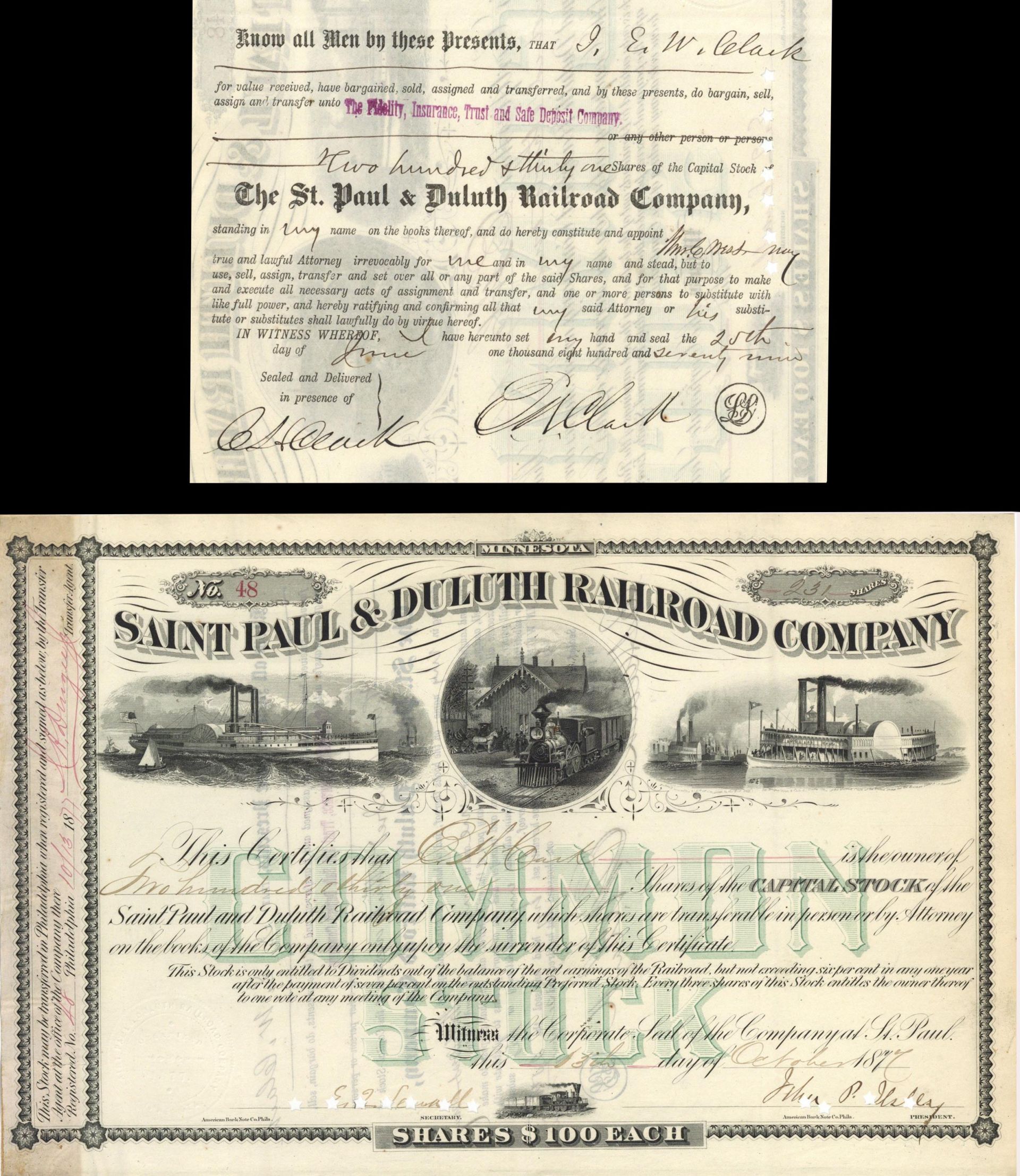 Saint Paul and Duluth Railroad Co. Issued to and signed by Edward White Clark - Autograph Stock Certificate