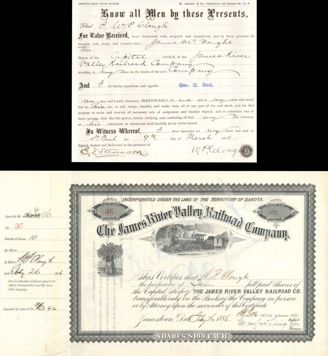James River Valley Railroad Co. Issued to W.P. Clough and signed by Clough, Merriam and Livingston - 1886 dated Autographed Stock Certificate