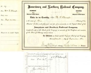 Jamestown and Northern Railroad Co. issued to and signed by W. P. Clough and Geo. Earle