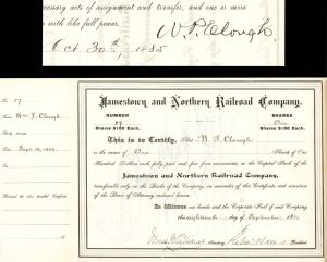 Jamestown and Northern Railroad Co. issued to and signed by W. P. Clough and Geo. Earle - 1884 dated Autographed Stock Certificate