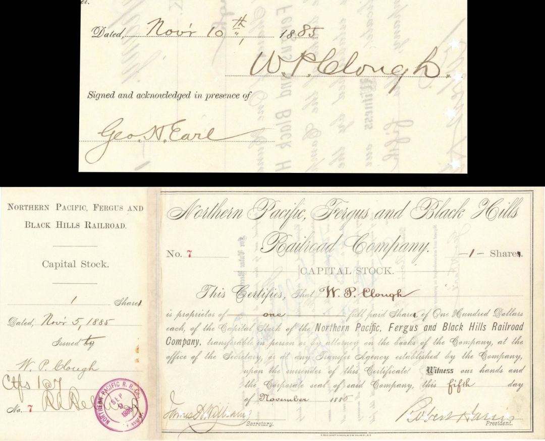 Northern Pacific, Fergus and Black Hills Railroad Co. issued to and signed by W. P. Clough and Geo. H. Earl - 1885 dated Autographed Stock Certificate