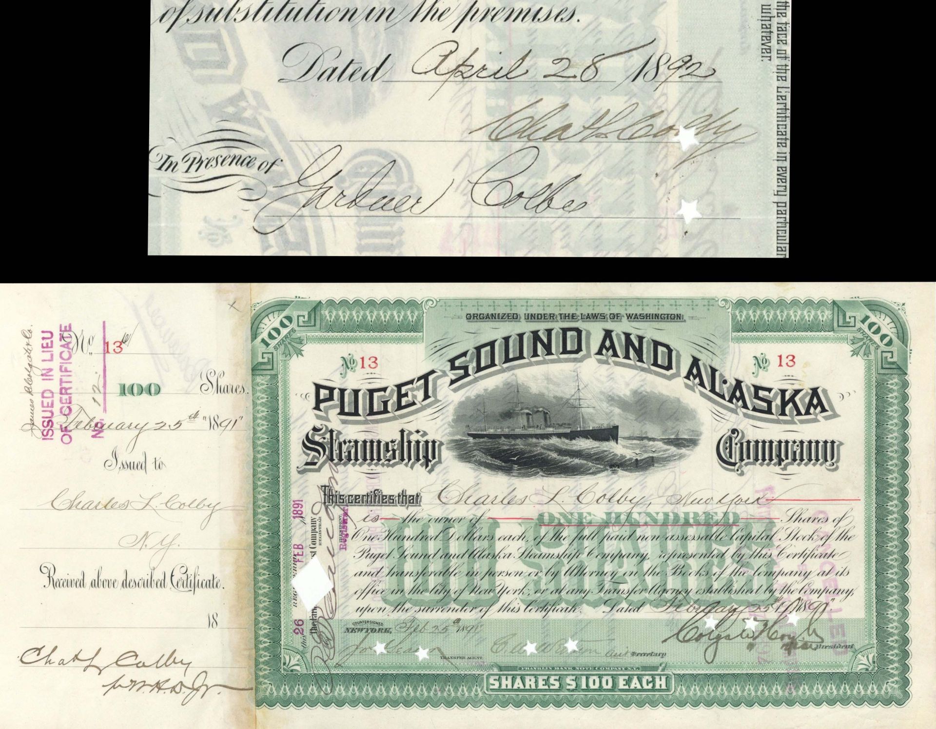 Puget Sound and Alaska Steamship Co. issued to and signed by Charles L. Colby and Gardner Colby- Stock Certificate