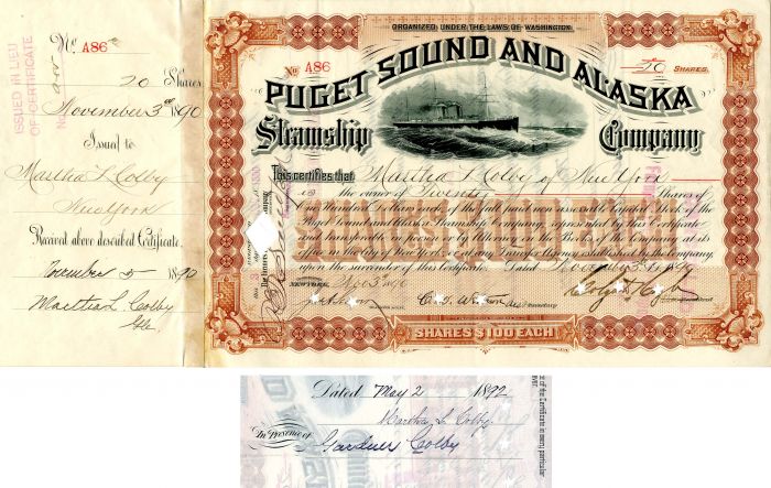 Puget Sound and Alaska Steamship Co. issued to Martha L Colby- Stock Certificate