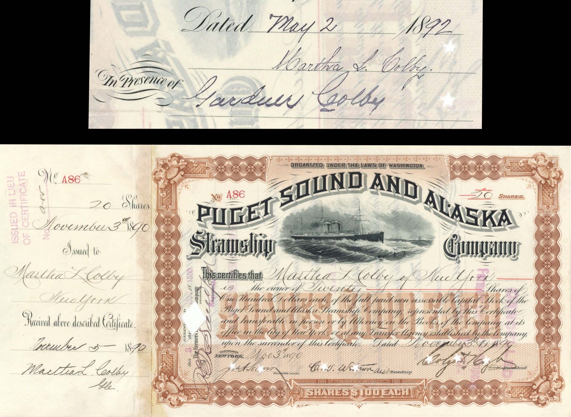 Puget Sound and Alaska Steamship Co. issued to Martha L Colby- Stock Certificate