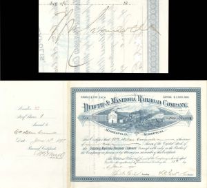 Duluth and Manitoba Railroad Co. Issued to and Signed by William Nelson Cromwell