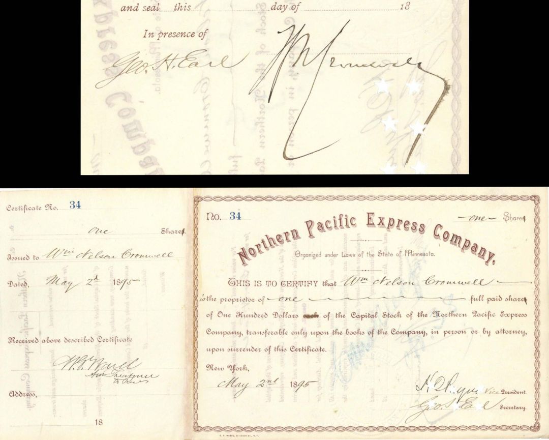 Northern Pacific Express Co. Issued to and Signed by William Nelson Cromwell - 1895 dated Autographed Stock Certificate