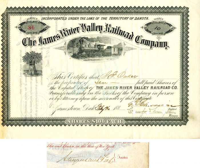 James River Valley Railroad Co. signed by T.F. Oakes, Crawford Livingston and Geo. H. Earl