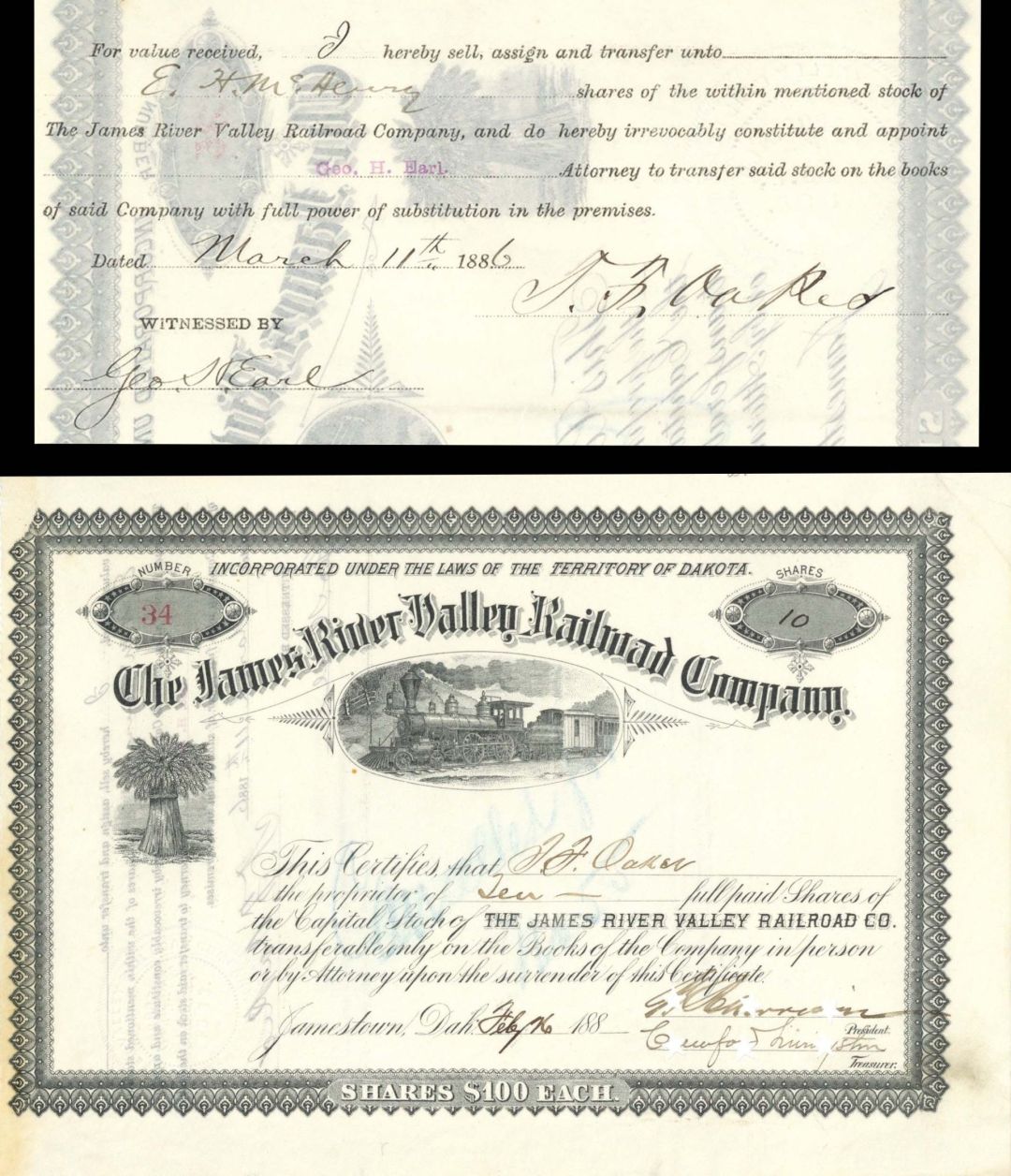 James River Valley Railroad Co. signed by T.F. Oakes, Crawford Livingston and Geo. H. Earl - 1886 dated Autographed Stock Certificate