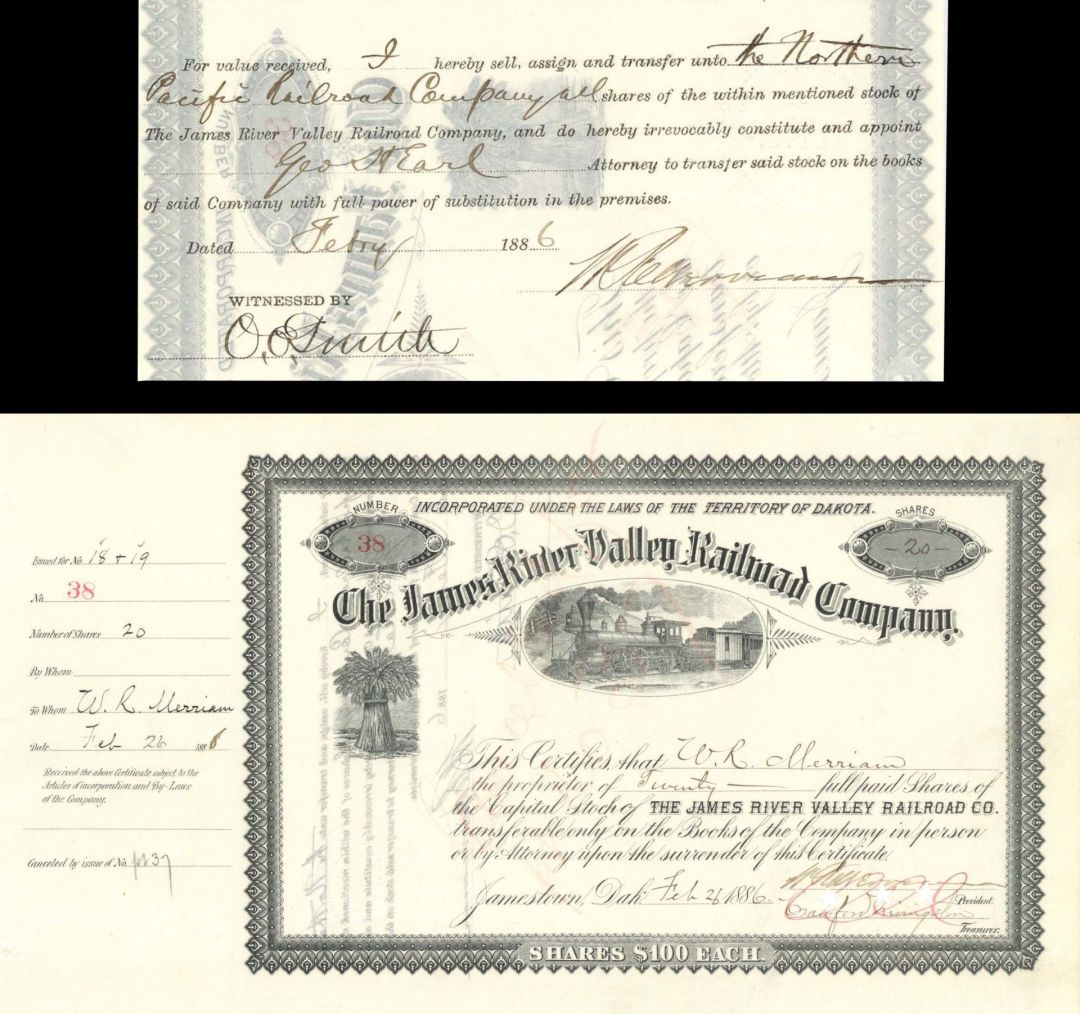 James River Valley Railroad Co. issued to and signed by W.R. Merriam, Crawford Livingston and Geo. H. Earl - 1886 dated Autographed Stock Certificate