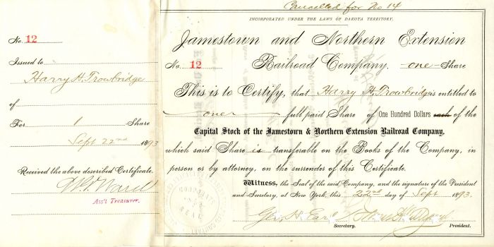 Jamestown and Northern Extension Railroad Co. Signed by Geo. H. Earl