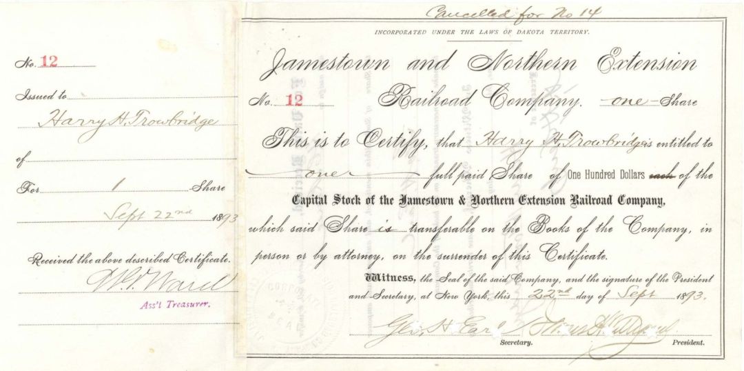Jamestown and Northern Extension Railroad Co. Signed by Geo. H. Earl - 1893 dated Autographed Stock Certificate