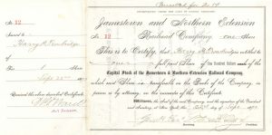 Jamestown and Northern Extension Railroad Co. Signed by Geo. H. Earl - 1893 dated Autographed Stock Certificate