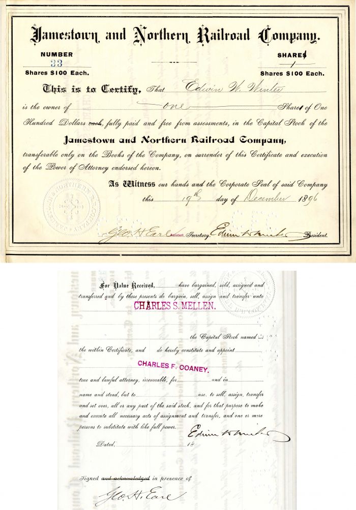 Jamestown & Northern Railroad Co. issued to/signed by Edwin Winter & signed by Geo. H. Earl