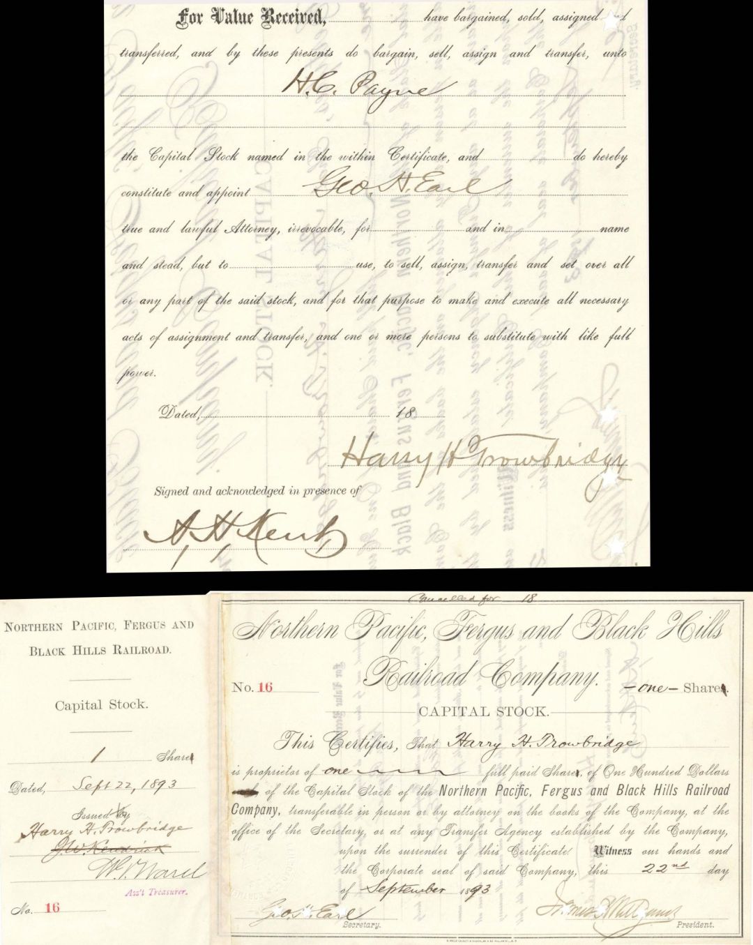 Northern Pacific, Fergus and Black Hills Railroad Co. signed by Geo. H. Earl twice - 1893 dated Autographed Stock Certificate