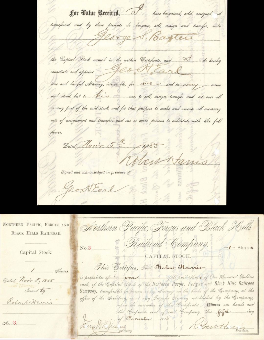Northern Pacific, Fergus and Black Hills Railroad Co. signed by Geo. H. Earl twice and Robert Harris - 1885 dated Autographed Stock Certificate