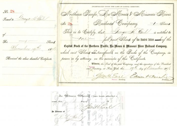 Northern Pacific, La Moure and Missouri River Railroad Co. Issued to and signed by Geo. H. Earl twice and Edwin W. Winter