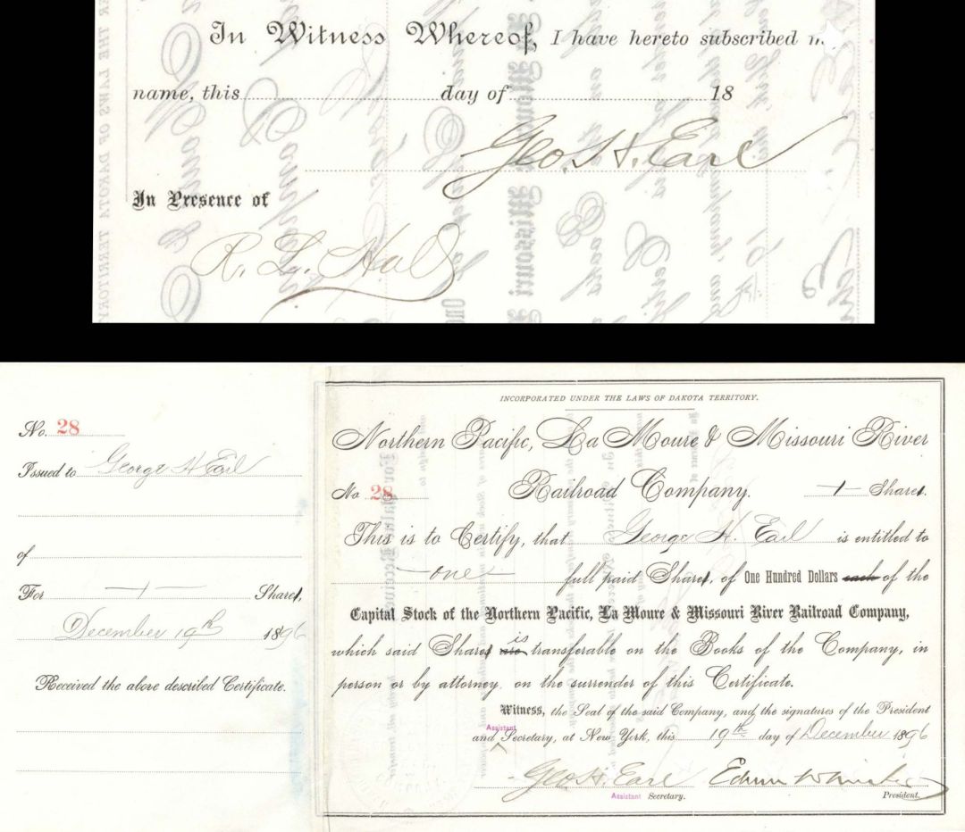 Northern Pacific, La Moure and Missouri River Railroad Co. Issued to and signed by Geo. H. Earl twice and Edwin W. Winter - 1896 dated Autographed Stock Certificate