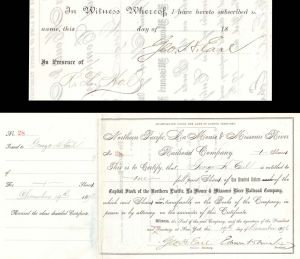 Northern Pacific, La Moure and Missouri River Railroad Co. Issued to and signed by Geo. H. Earl twice and Edwin W. Winter