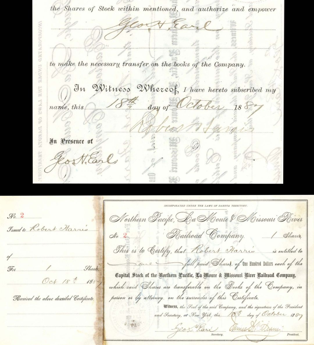 Northern Pacific, La Moure and Missouri River Railroad Co. issued to and signed by Robert Harris and Geo. H. Earl - 1887 dated Autographed Stock Certificate