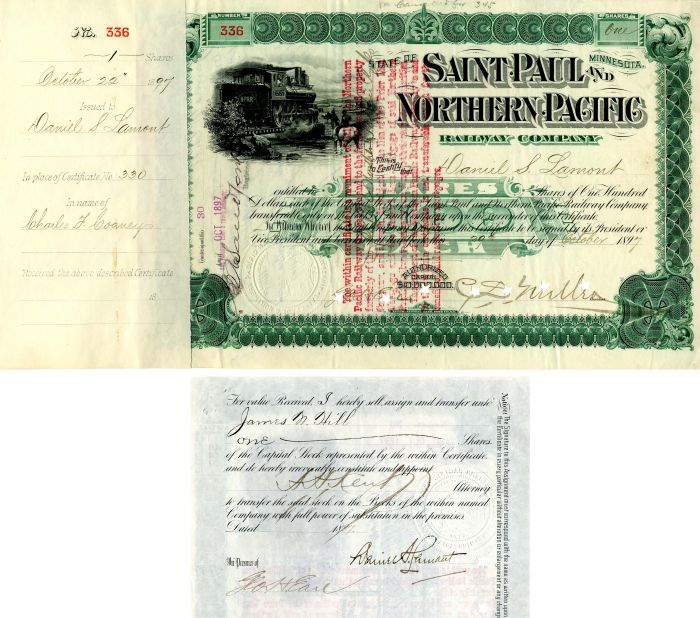 Saint Paul and Northern Pacific Railway Co. Issued to and signed by Daniel S. Lamont, C.S. Mellen and Geo. H. Earl