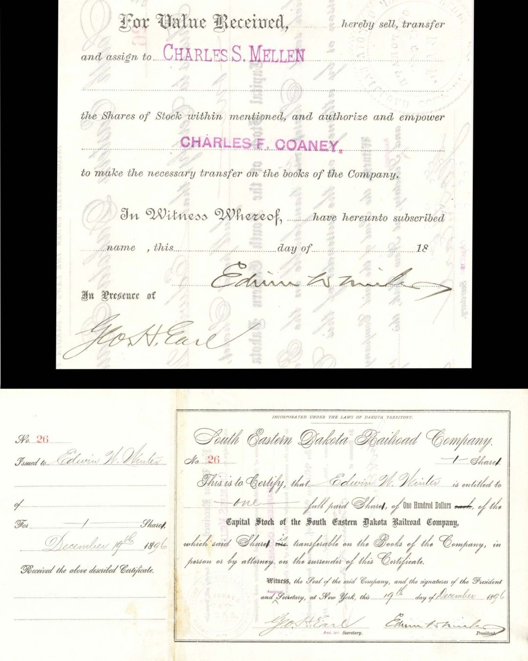 South Eastern Dakota Railroad Co. Issued to and signed by Edwin Winter and Geo. H. Earl - 1896 dated Autographed Stock Certificate