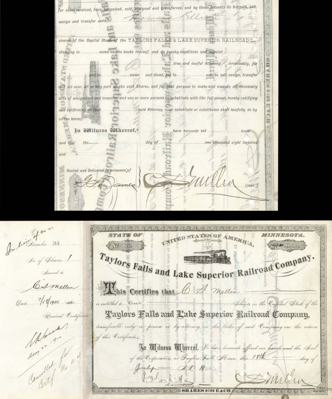 Taylor Falls and Lake Superior Railroad Co. Issued to and signed by C.S. Mellen twice - 1900 dated Autographed Stock Certificate