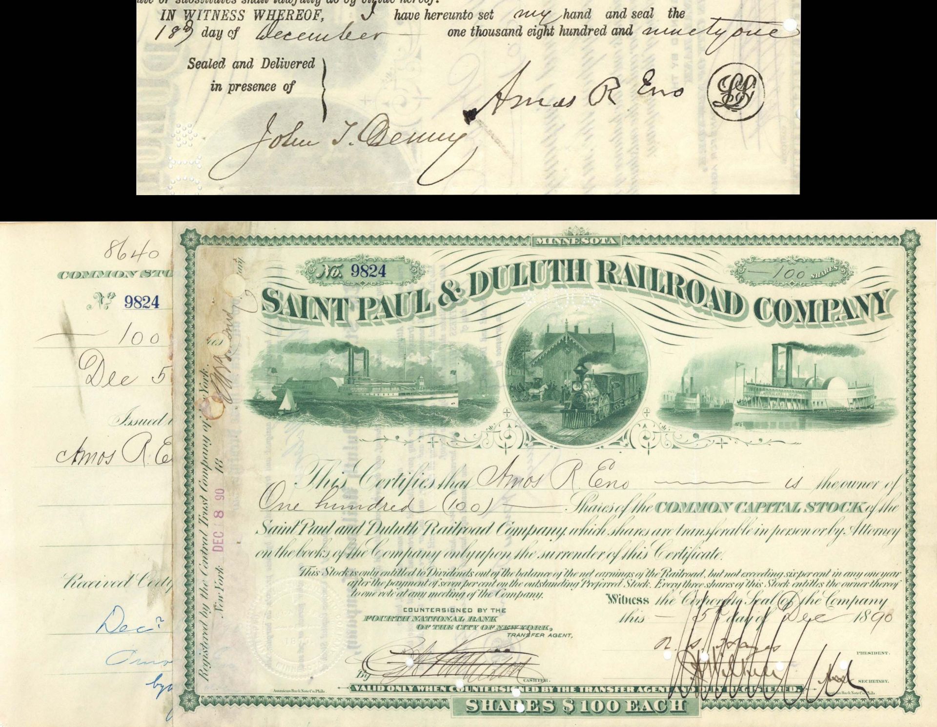 Saint Paul and Duluth Railroad Co. Issued to and signed by Amos R. Eno