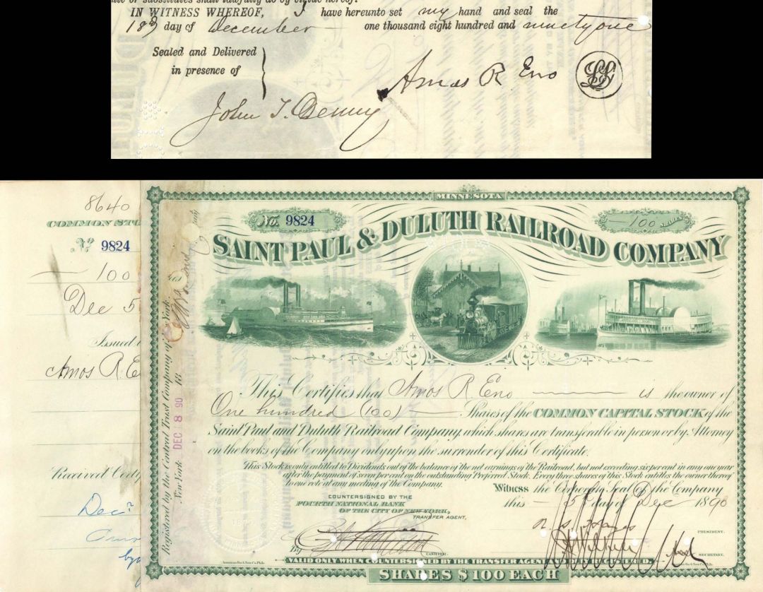 Saint Paul and Duluth Railroad Co. Issued to and signed by Amos R. Eno - 1890 dated Autographed Stock Certificate