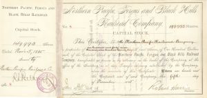 Northern Pacific, Fergus and Black Hills Railroad Co. signed by Robert Harris - 1885 dated Autographed Stock Certificate