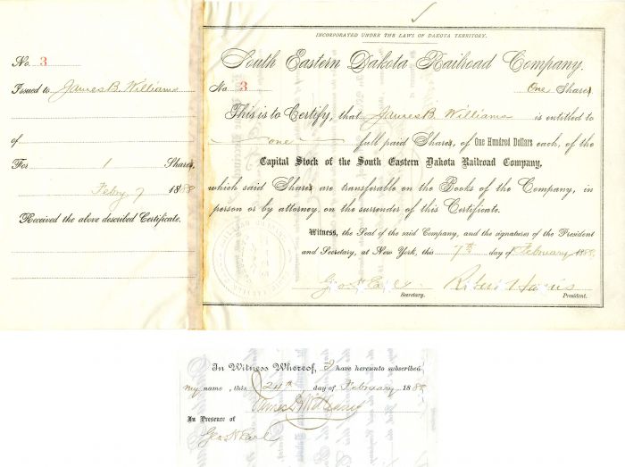 South Eastern Dakota Railroad Co. Issued to and signed by James B. Williams and Robert Harris