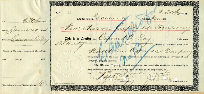 Northern Express Co. signed by James N. Hill - 1906 dated Autograph Stock Certificate - Part of the Northern Pacific Railroad System