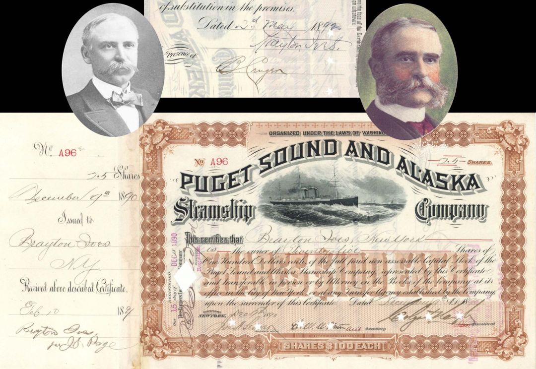 Puget Sound and Alaska Steamship Co. Issued to and signed by Brayton Ives and signed by Colgate Hoyt - 1890 dated Autographed Stock Certificate