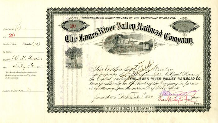 James River Valley Railroad Co. signed by Crawford Livingston