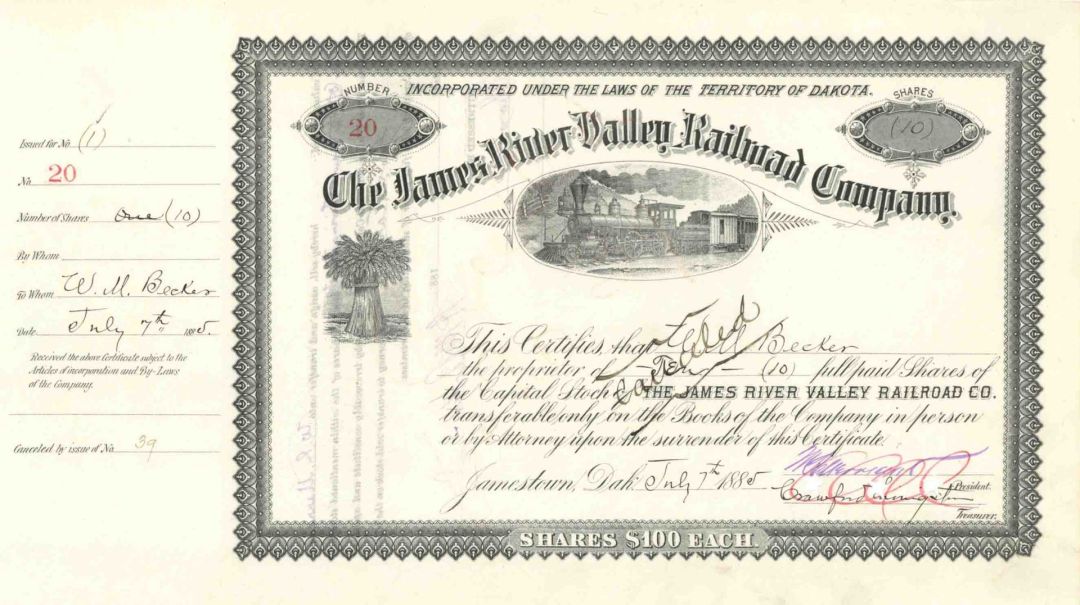 James River Valley Railroad Co. signed by Crawford Livingston - 1885 dated Autographed Stock Certificate
