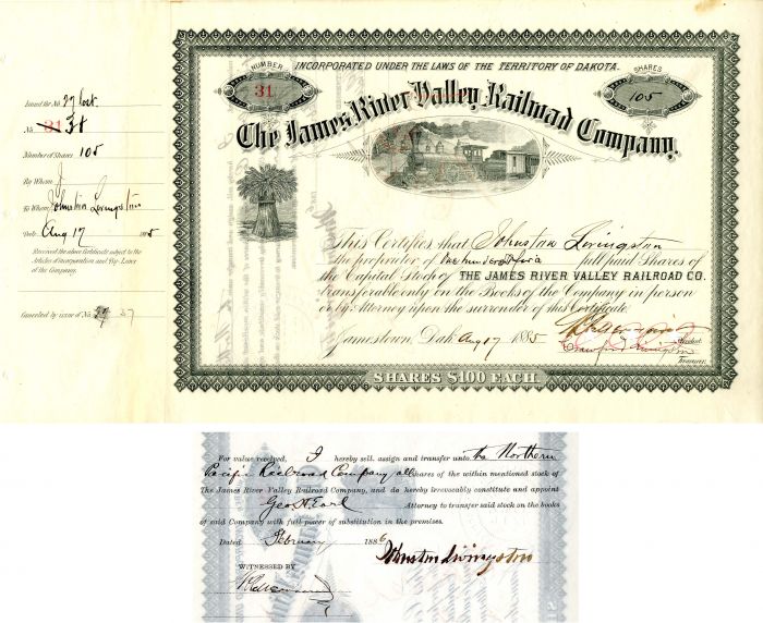 James River Valley Railroad Co. issued to and signed by Johnston Livingston, Crawford Livingston and W.R. Merriam