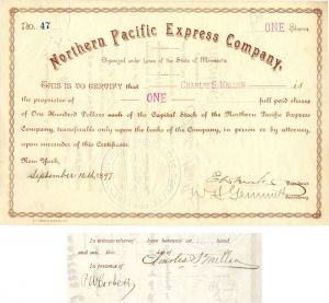 Northern Pacific Express Co. Issued to and signed by Charles S. Mellen