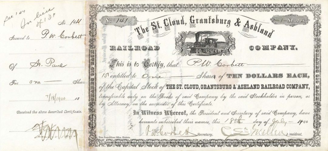 St. Cloud, Grantsburg and Ashland Railroad Co. Signed by C. S. Mellen - 1900 dated Autographed Stock Certificate
