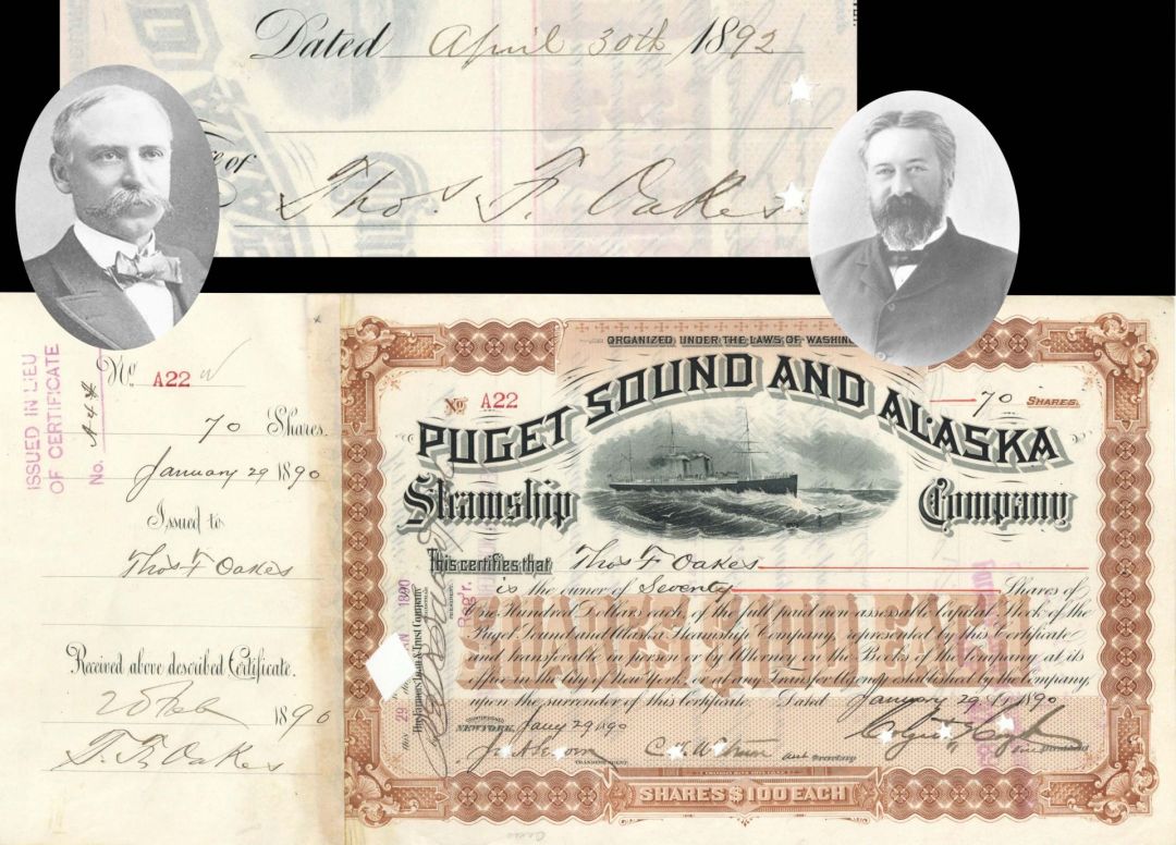 Puget Sound and Alaska Steamship Co. issued to and signed by Thos. F. Oakes and Colgate Hoyt - 1890 dated Autographed Stock Certificate