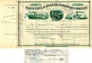 Saint Paul and Duluth Railroad Co. Issued to and signed by William H. Seward
