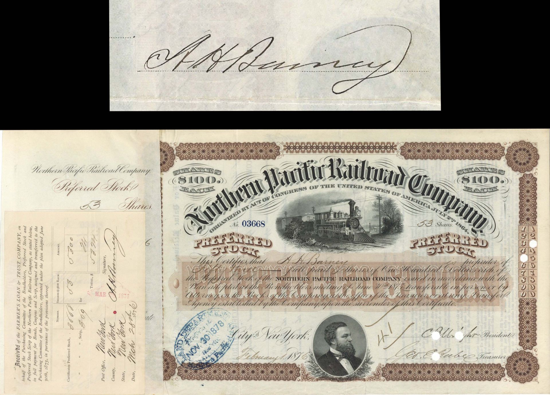 Northern Pacific Railroad Co. issued to and signed by A.H. Barney