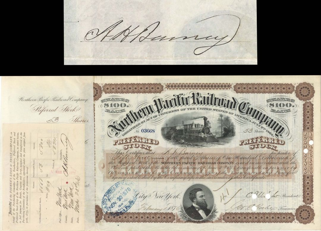 Northern Pacific Railroad Co. issued to and signed twice by A.H. Barney - 1876 Autographed Stock Certificate